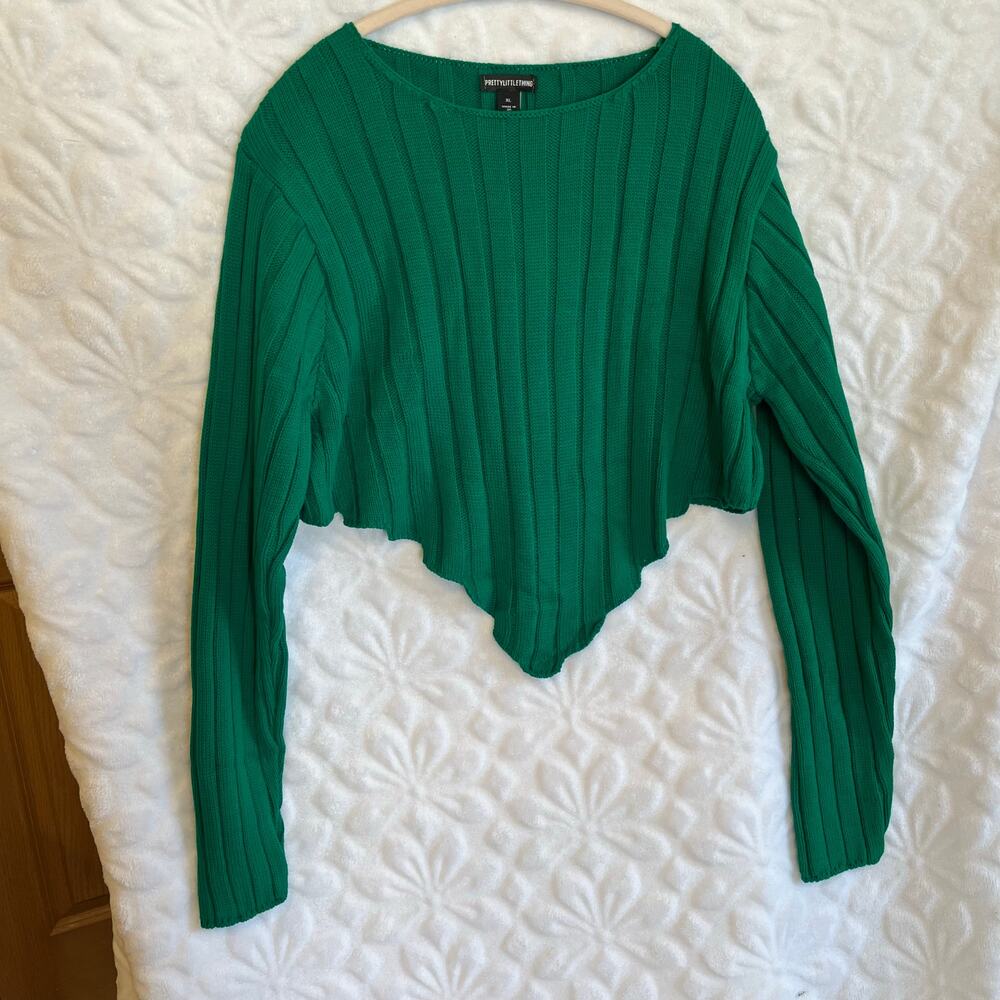 Pretty little thing chunky knit dip hem long sleeve green sweater UK Size XL NWT